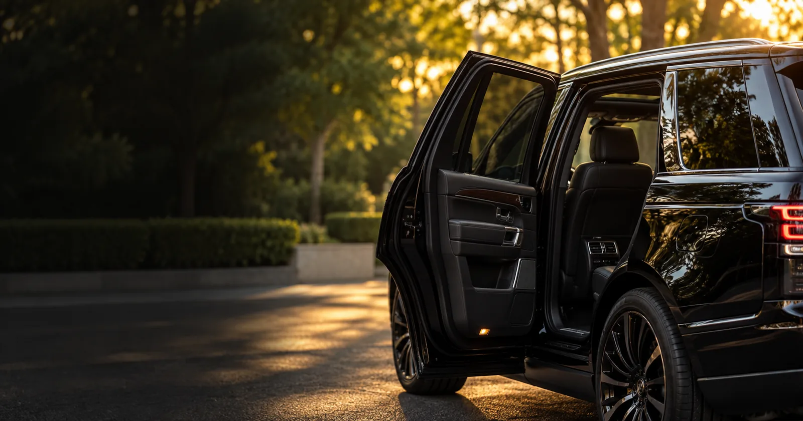Chauffeur opening the door for a client stepping out of a black luxury SUV