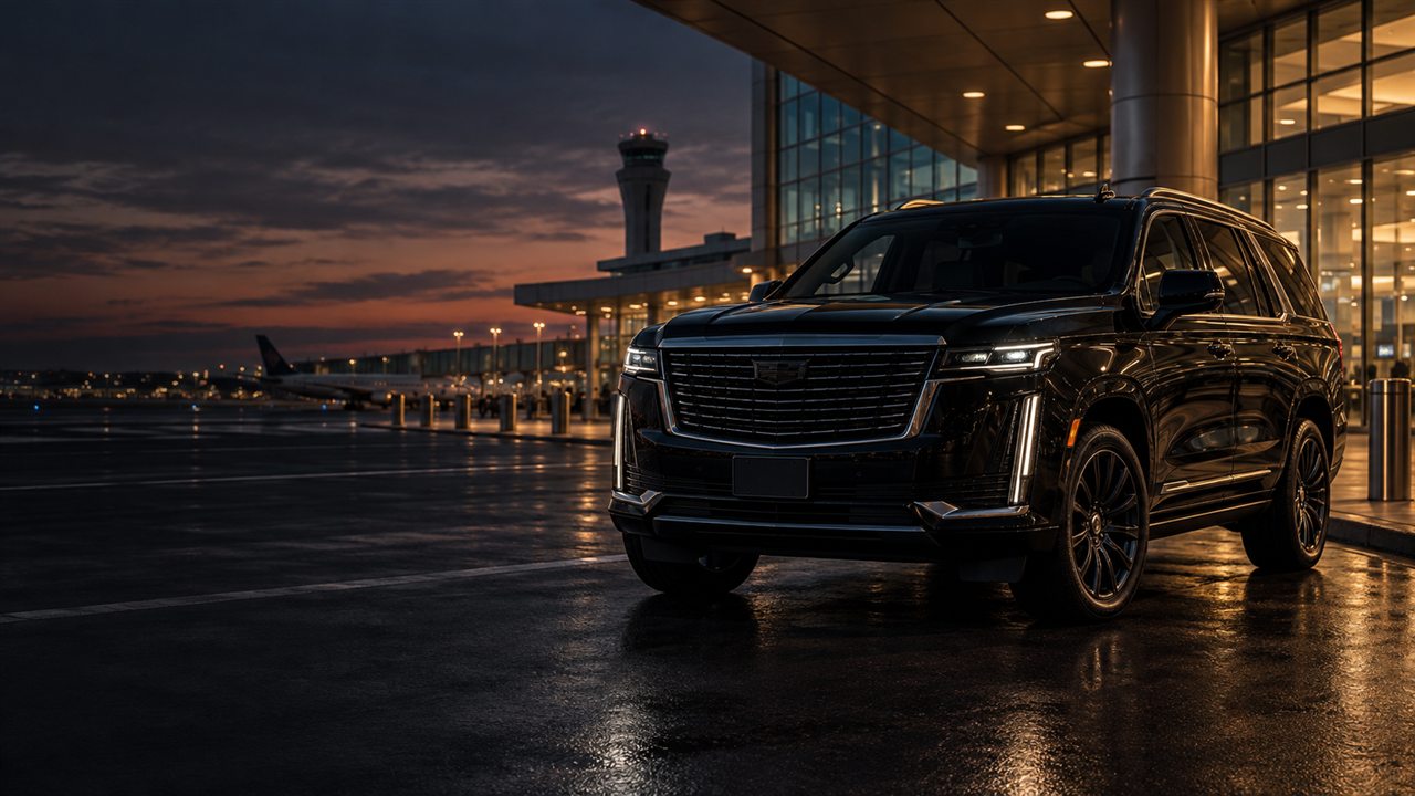 Luxury black SUV waiting at Boston Logan Airport at dusk